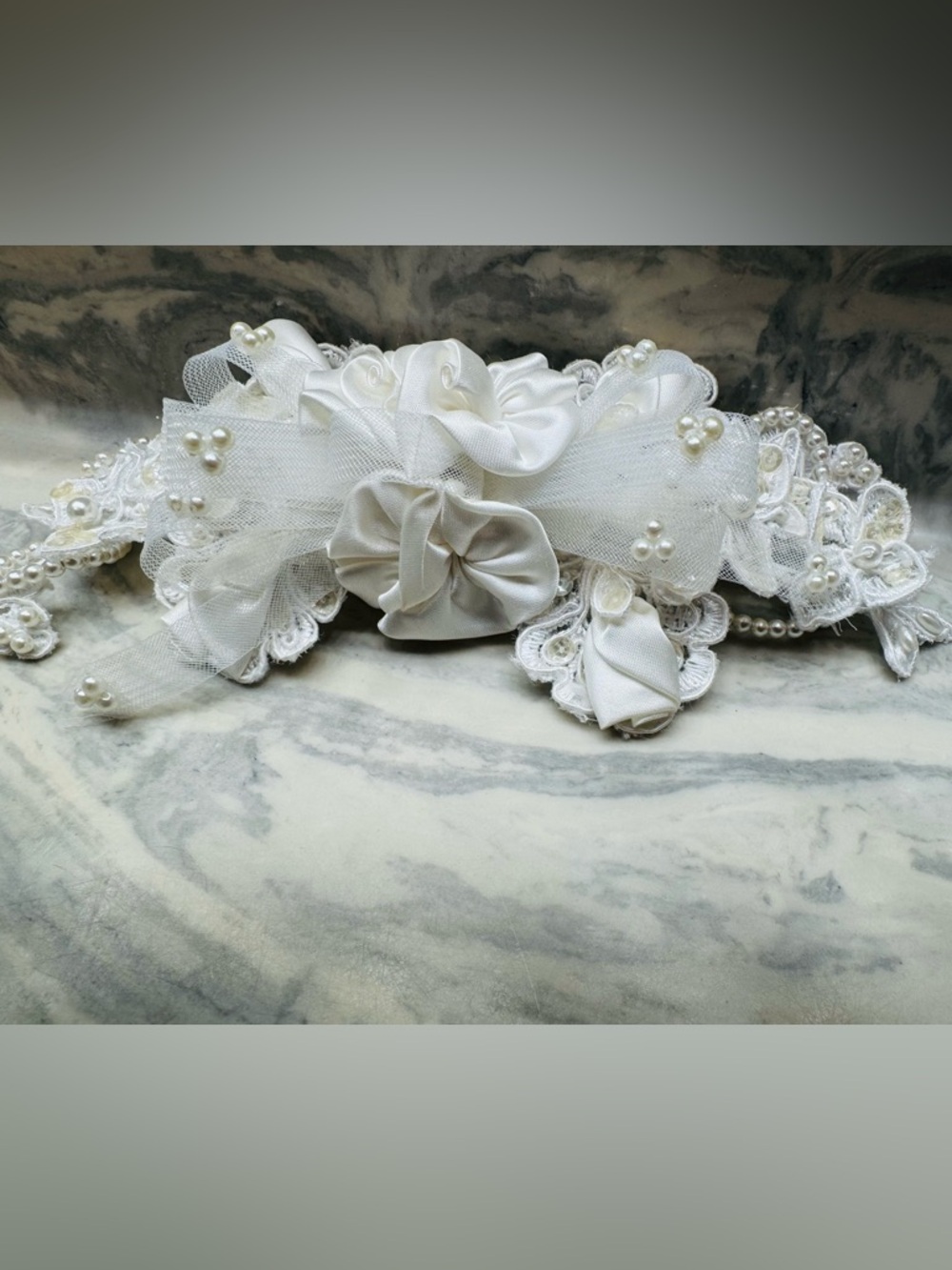 Vintage 90s Bridal Barrette Ivory Lace Pearl Satin Hair Clip Romantic 90s Style - Picture 6 of 14